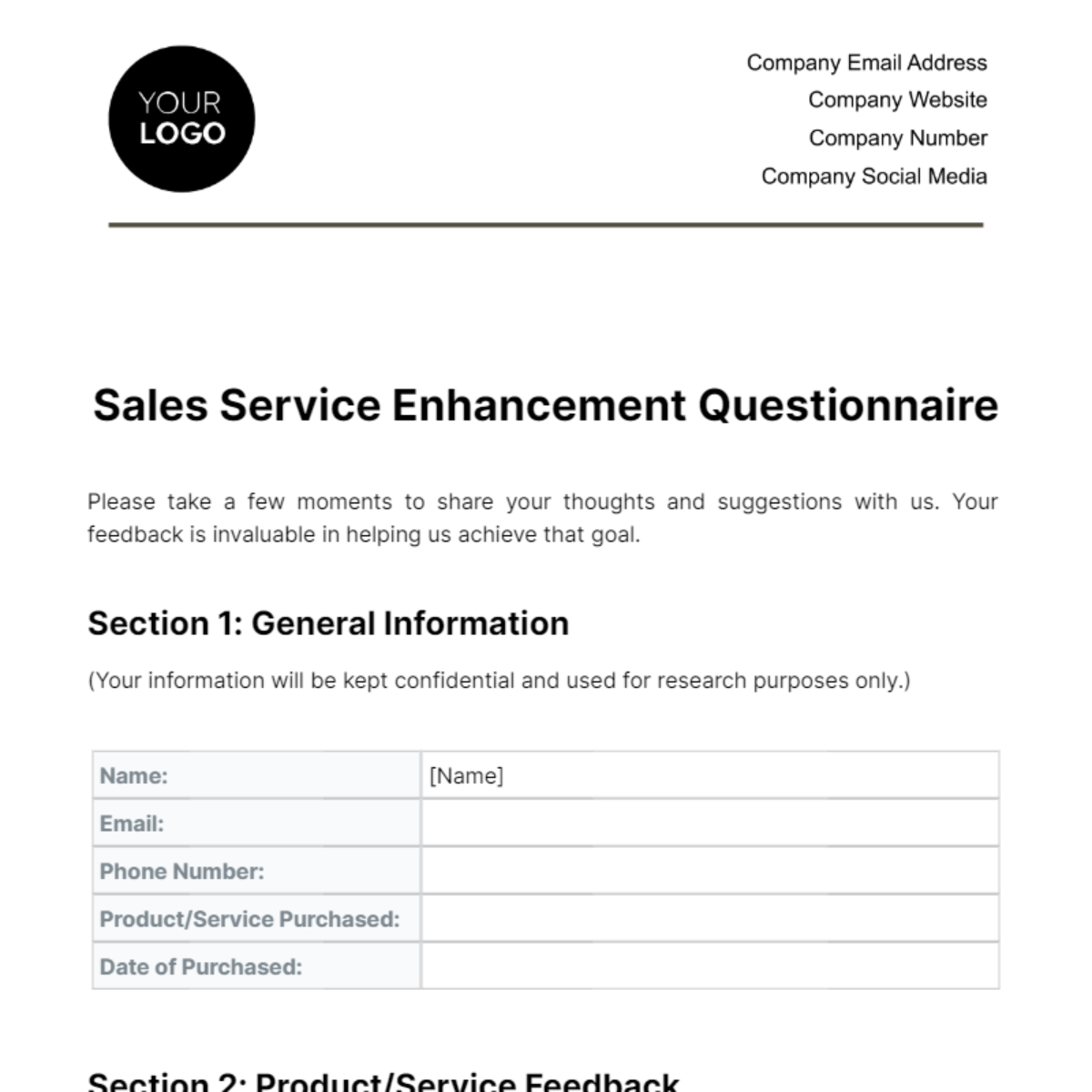 Sales Service Enhancement Questionnaire Template