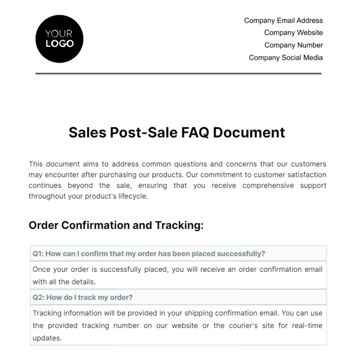 Sales Post-Sale FAQ Document Template
