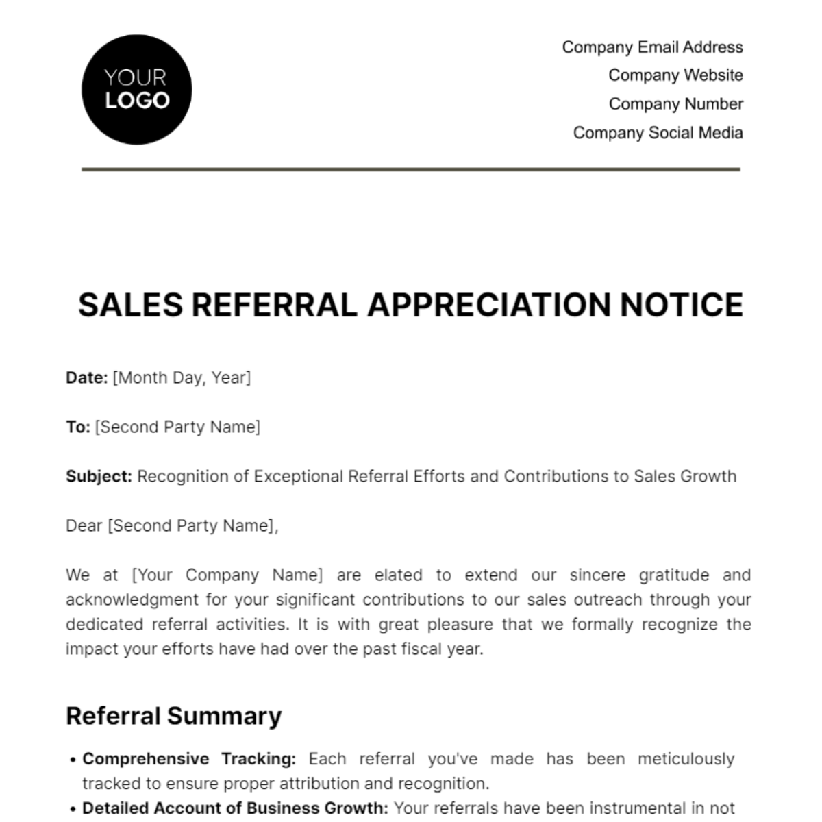 Sales Referral Appreciation Notice Template