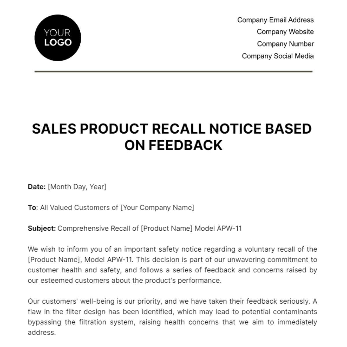 Sales Product Recall Notice Based on Feedback Template