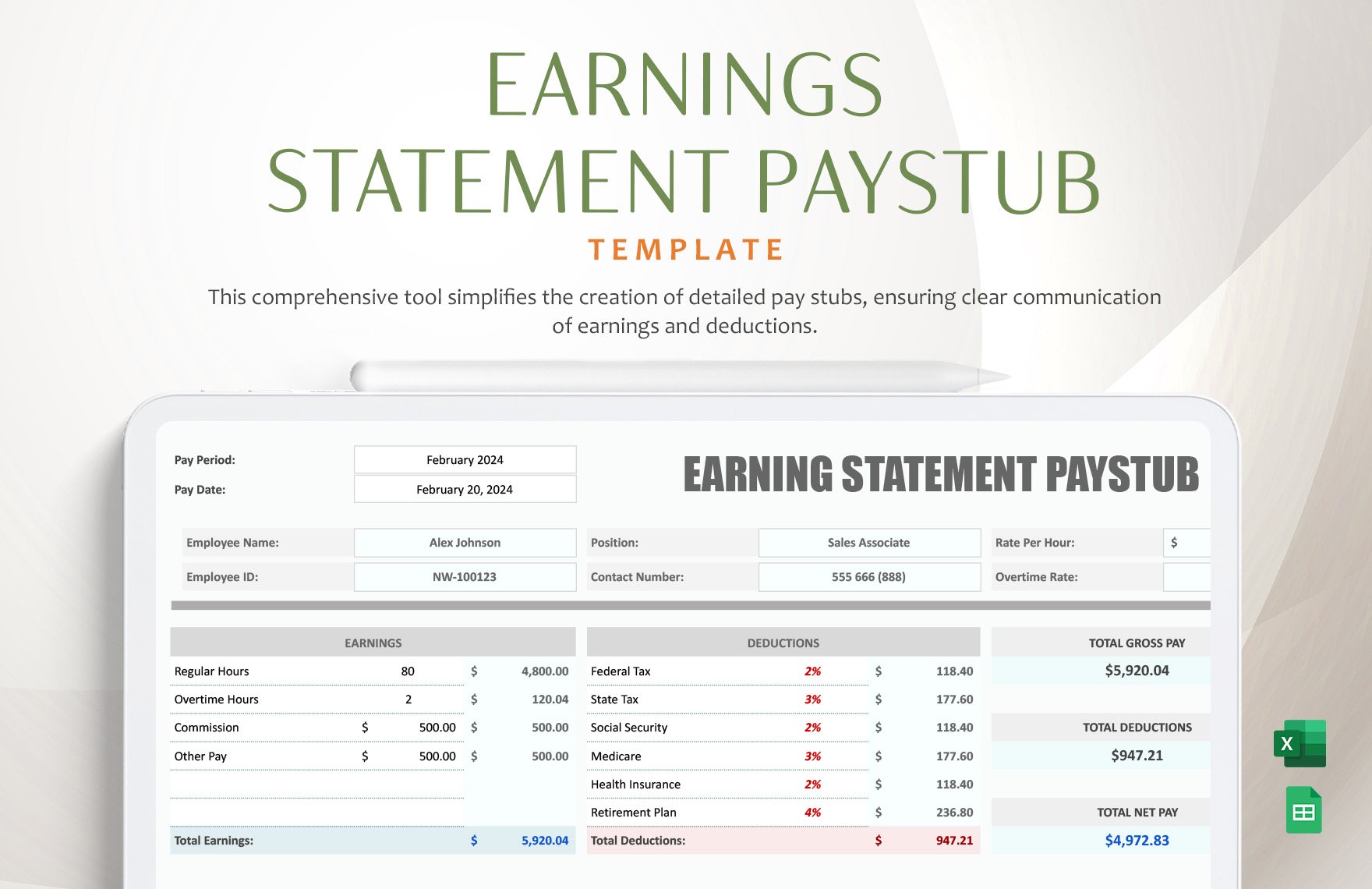 Earnings Statement Paystub Template in Excel, Google Sheets