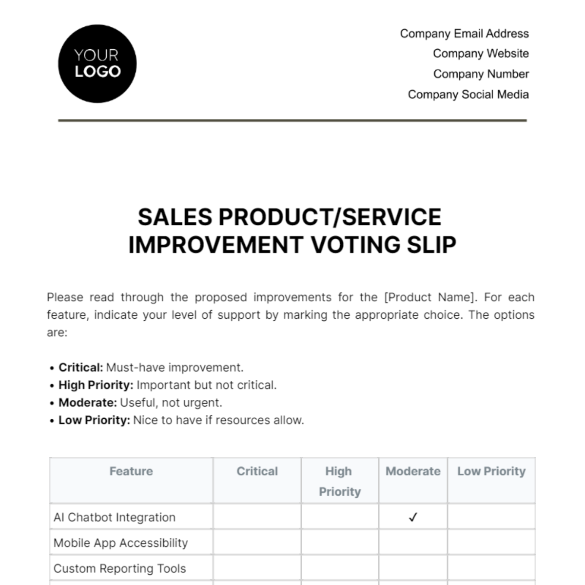 Sales Product/Service Improvement Voting Slip Template