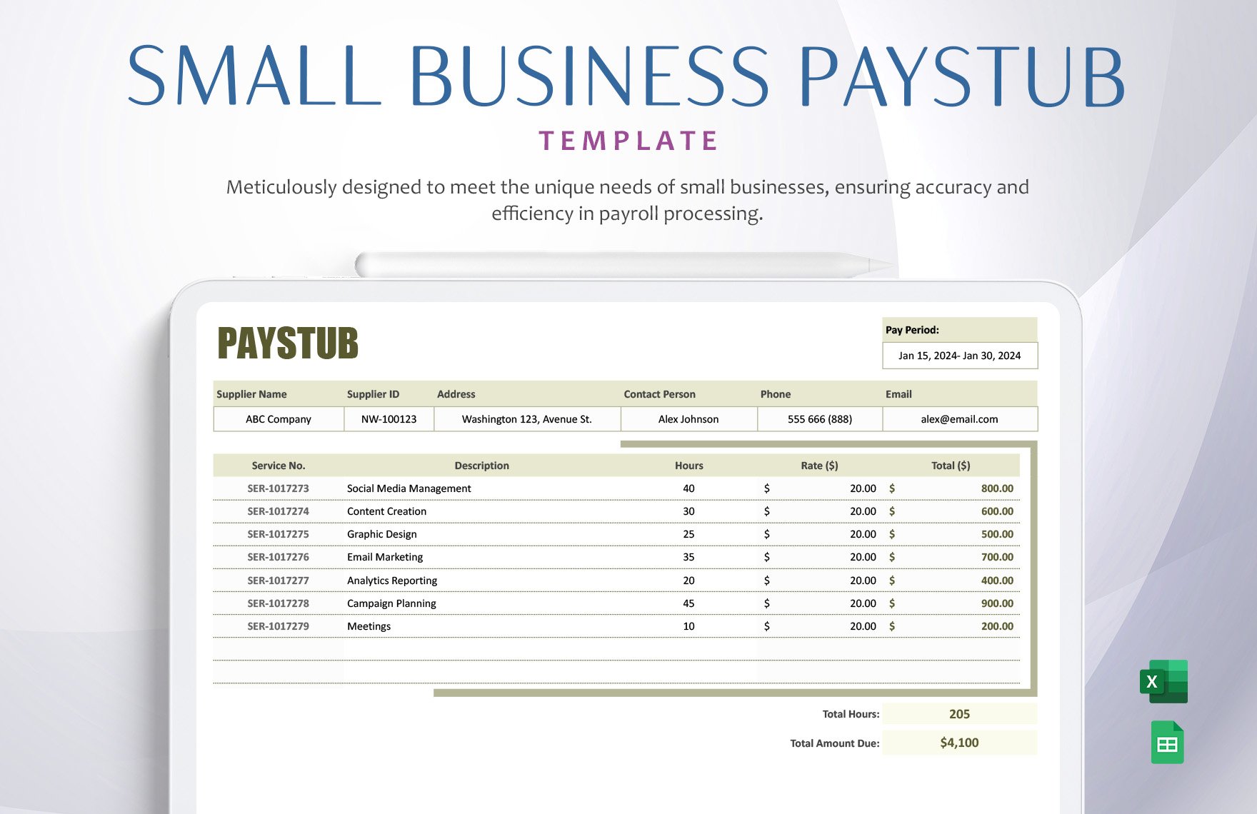 Small Business Paystub Template in Excel, Google Sheets