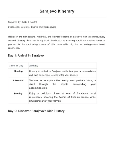 Free Sarajevo Itinerary Template to Edit Online
