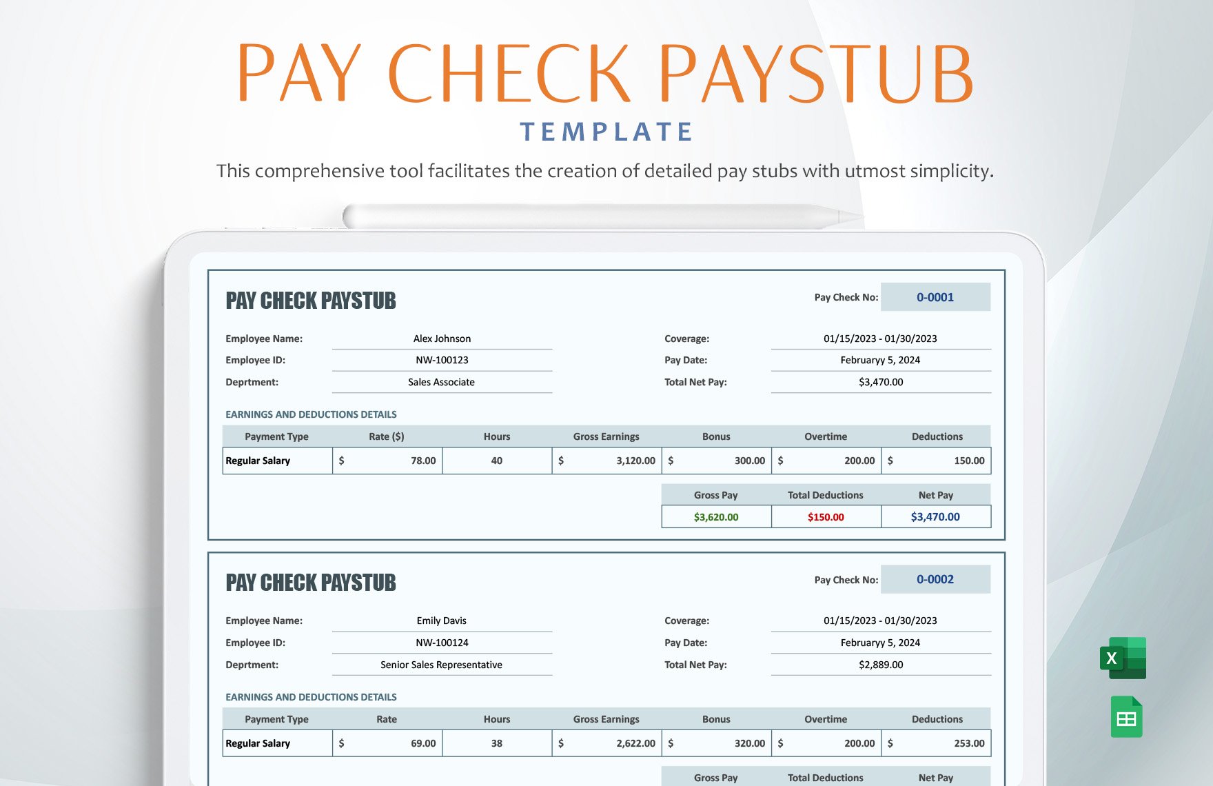 Pay Check Paystub Template in Excel, Google Sheets