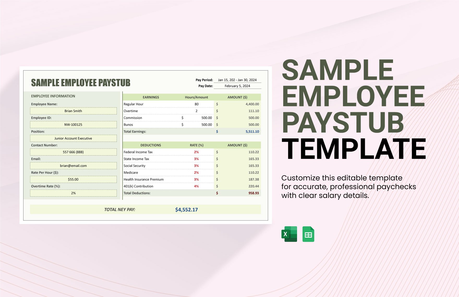 Sample Employee Paystub Template in Excel, Google Sheets