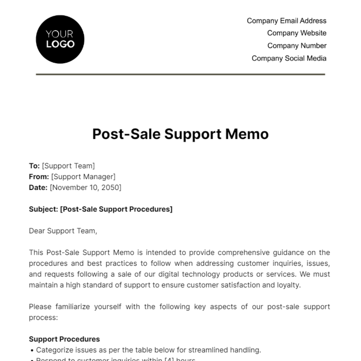 Post-Sale Support Memo Template