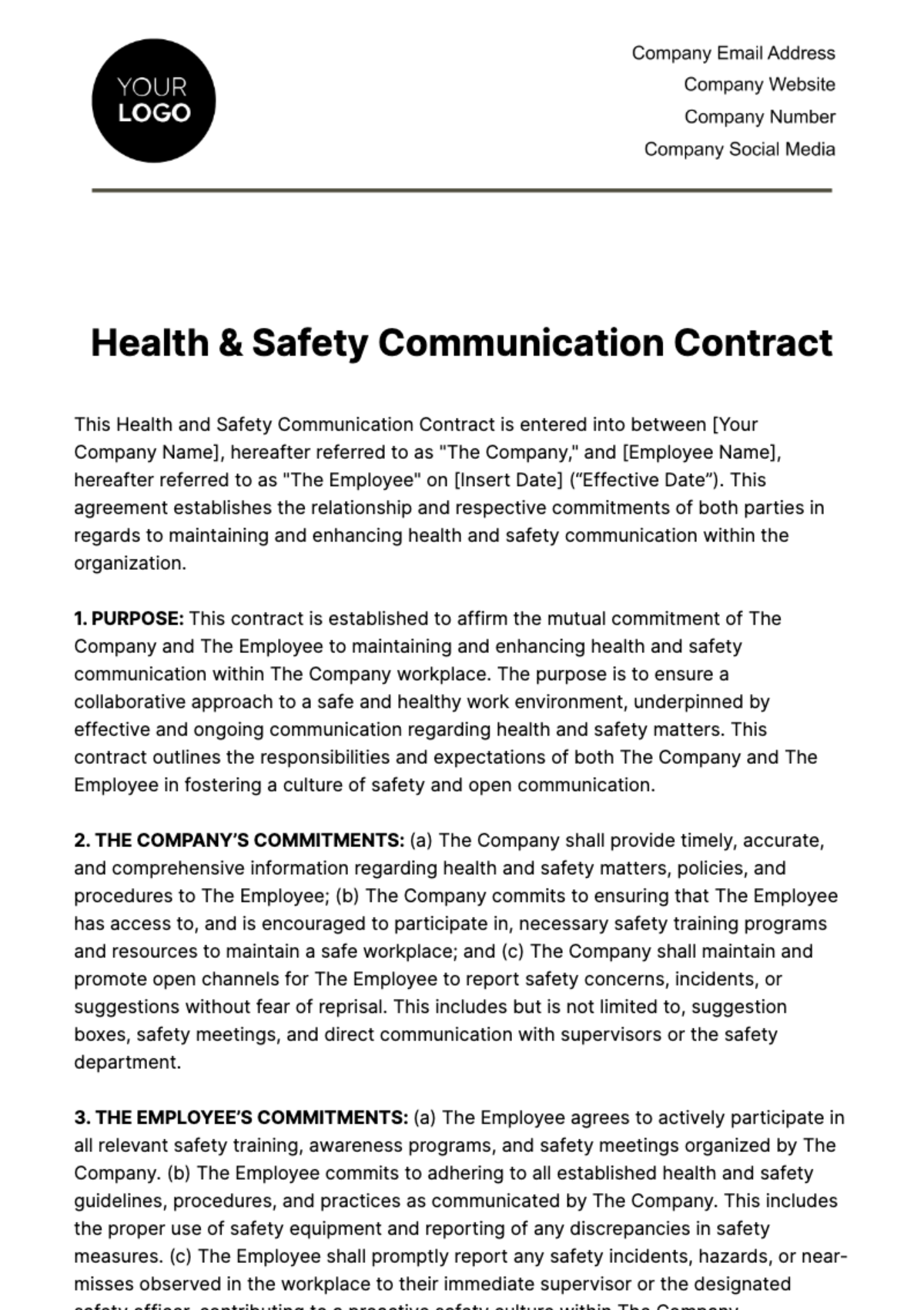 Health & Safety Communication Contract Template - Edit Online & Download