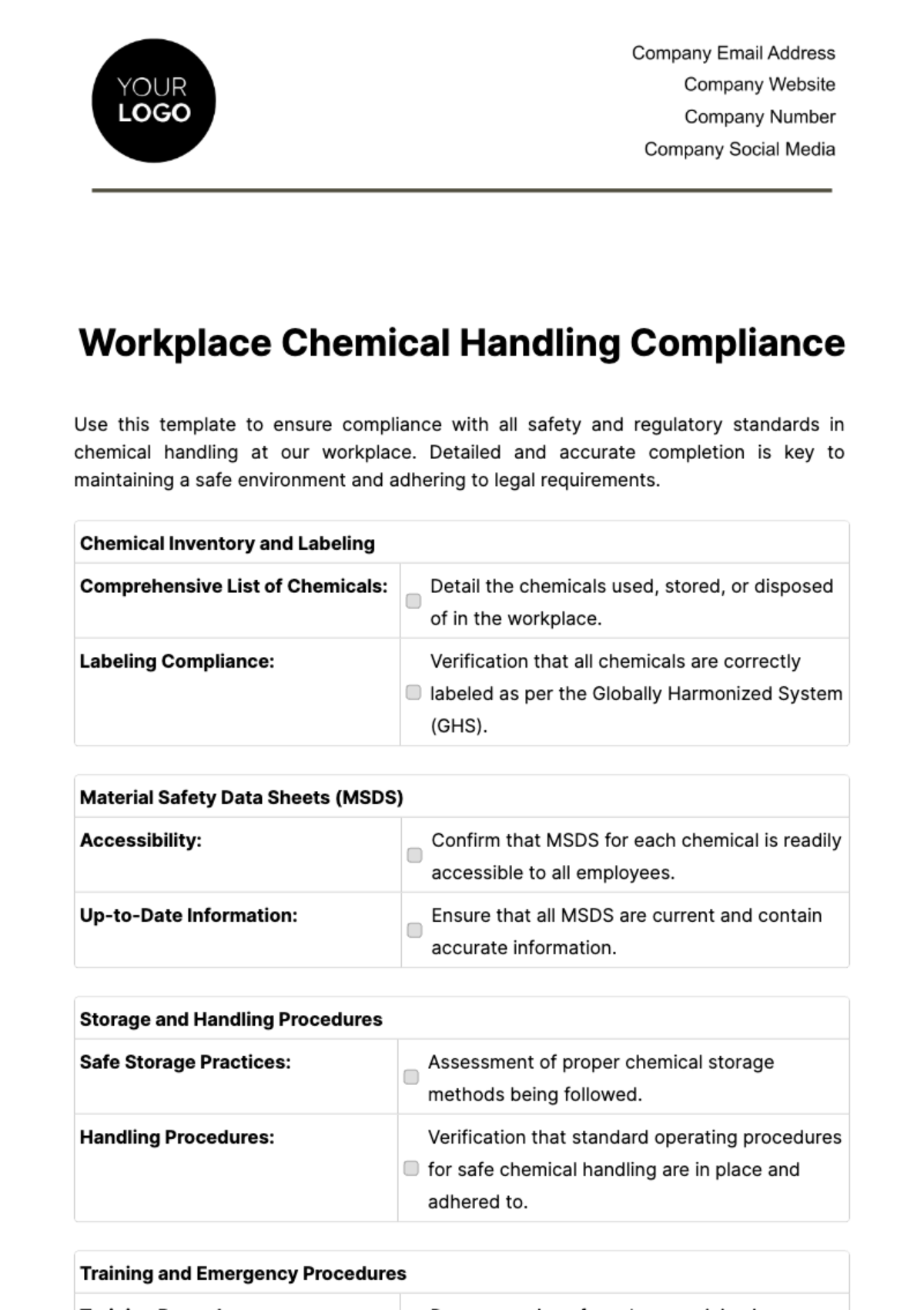 Workplace Chemical Handling Compliance Template