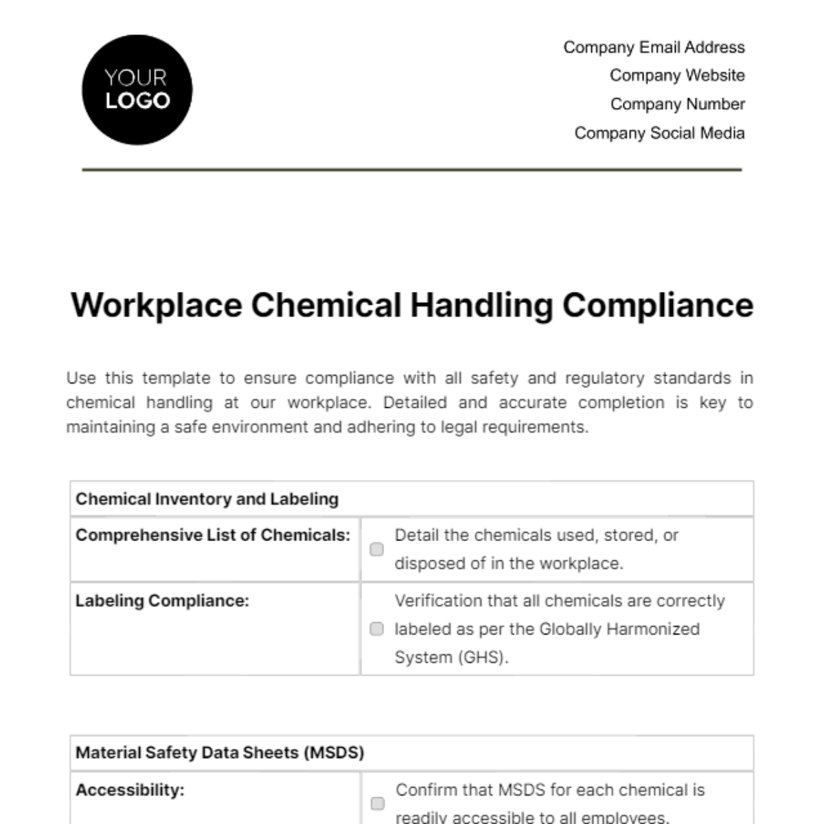 Workplace Chemical Handling Compliance Template - Edit Online ...