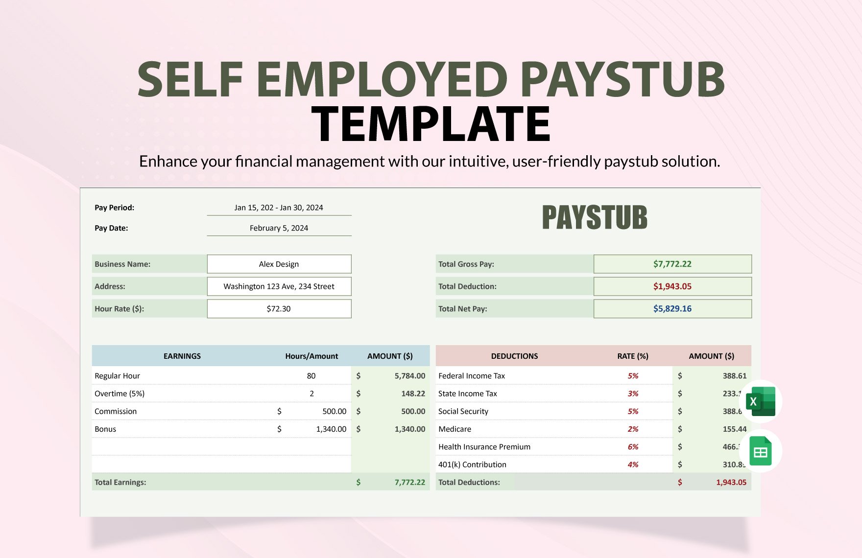 Self Employed Paystub Template in Excel, Google Sheets