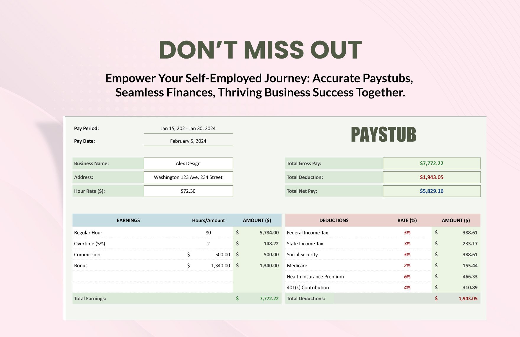 Self Employed Paystub Template