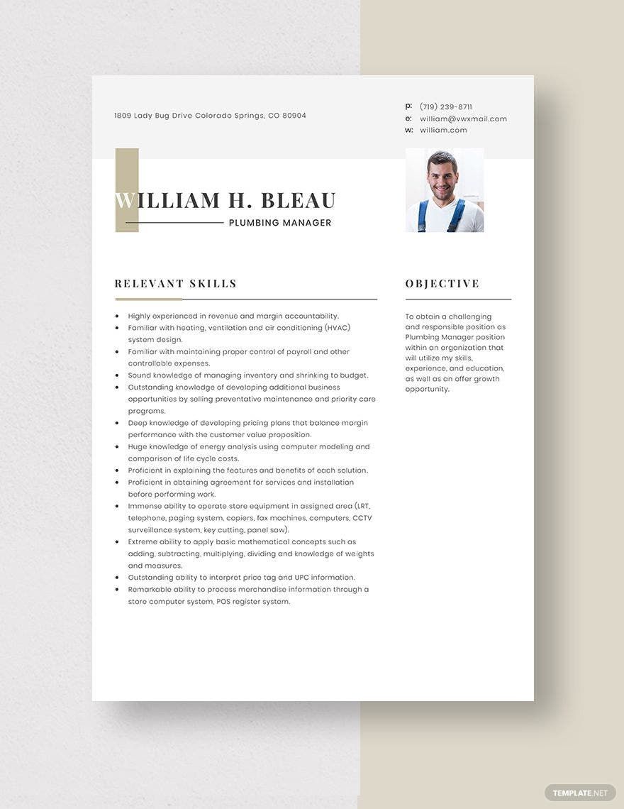 Free Plumbing Manager Resume in Word, Apple Pages