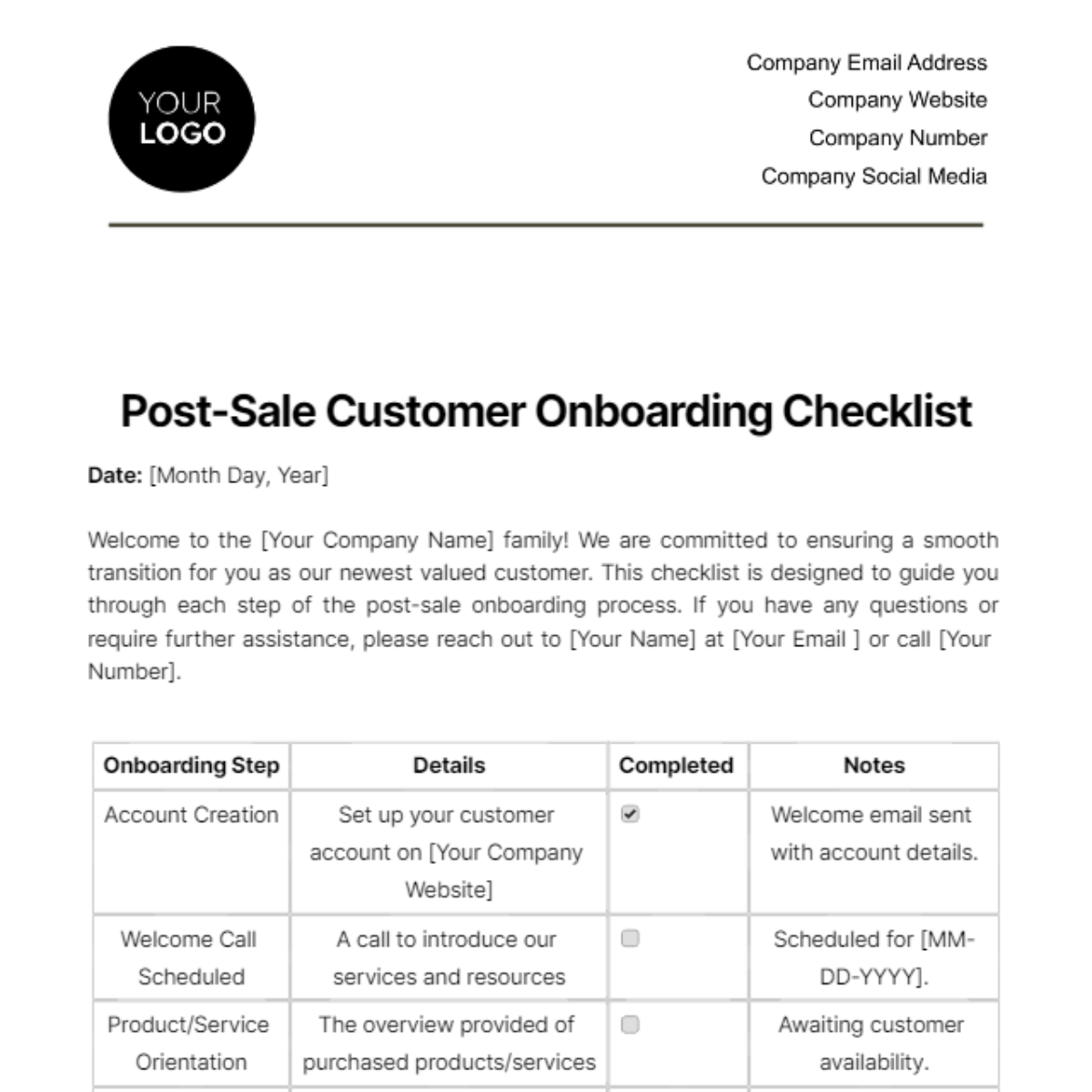 Post-Sale Customer Onboarding Checklist Template
