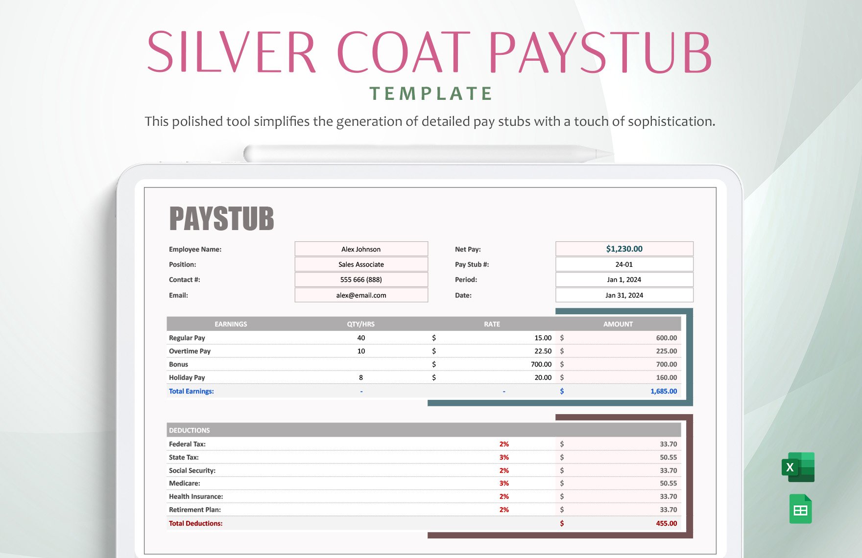 Silver Coat Paystub Template in Excel, Google Sheets