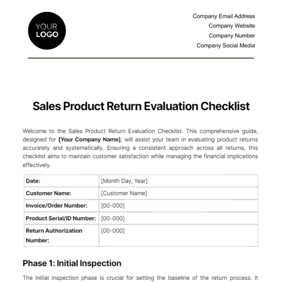 Sales Product Return Evaluation Checklist Template