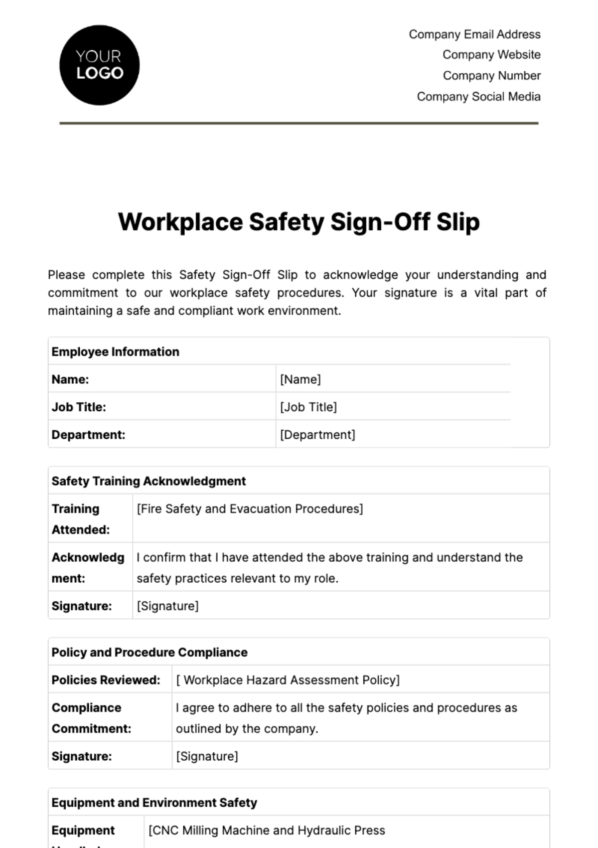 Workplace Safety Sign-Off Slip Template