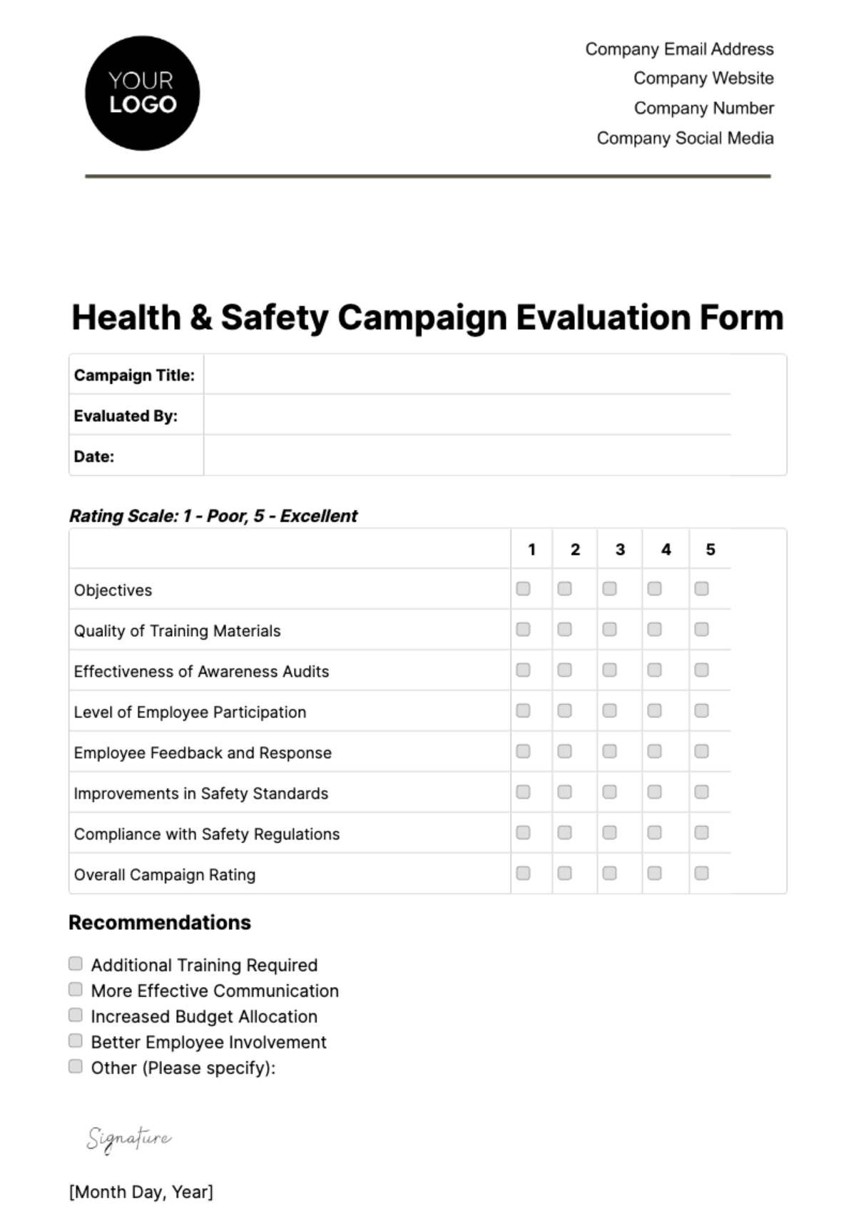 Health & Safety Campaign Evaluation Form Template