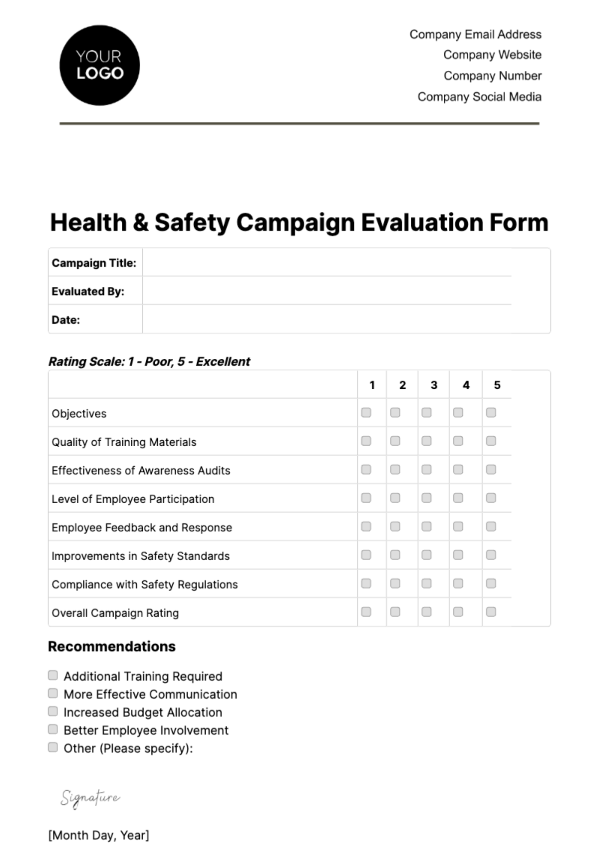 Health & Safety Campaign Evaluation Form Template - Edit Online & Download