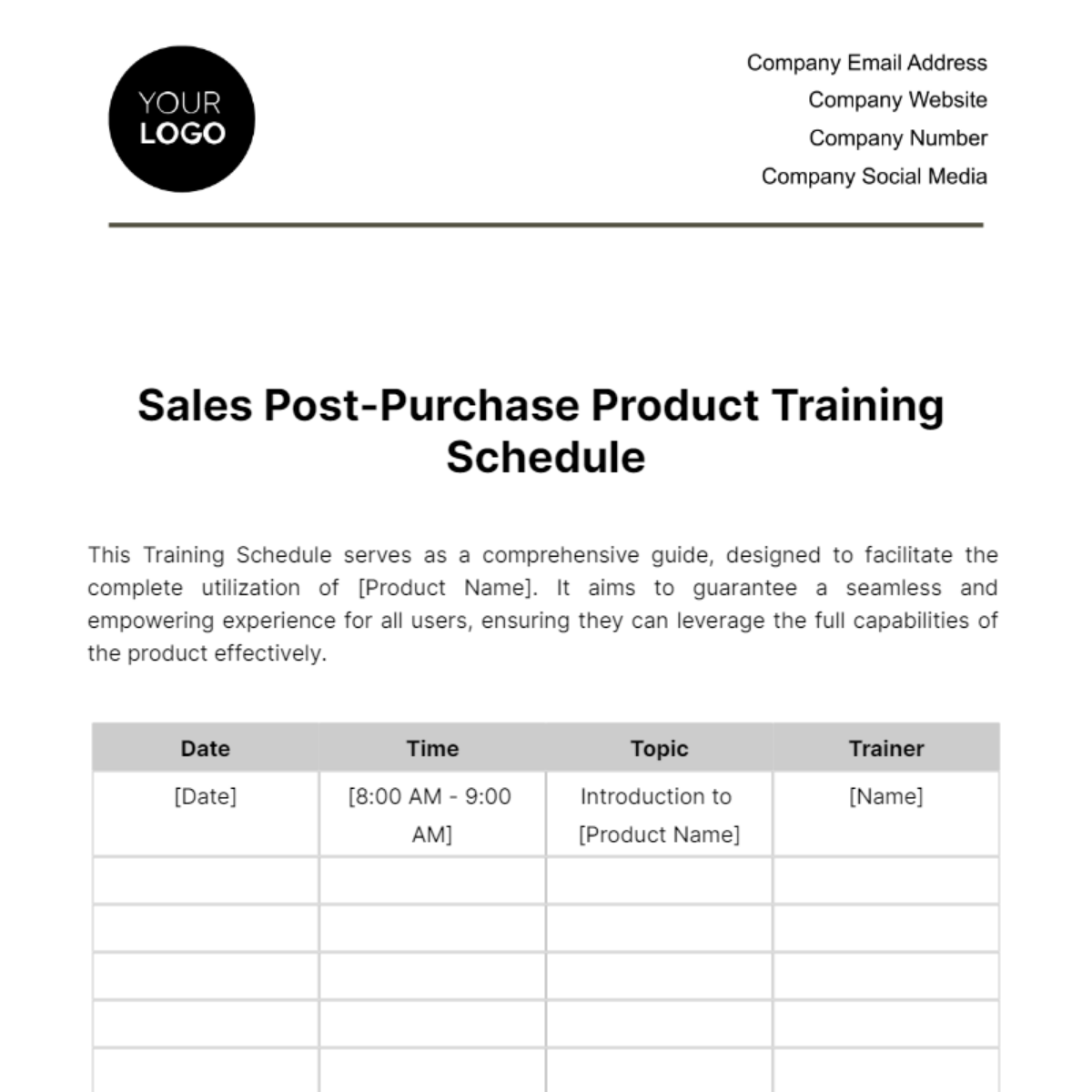Sales Post-Purchase Product Training Schedule Template
