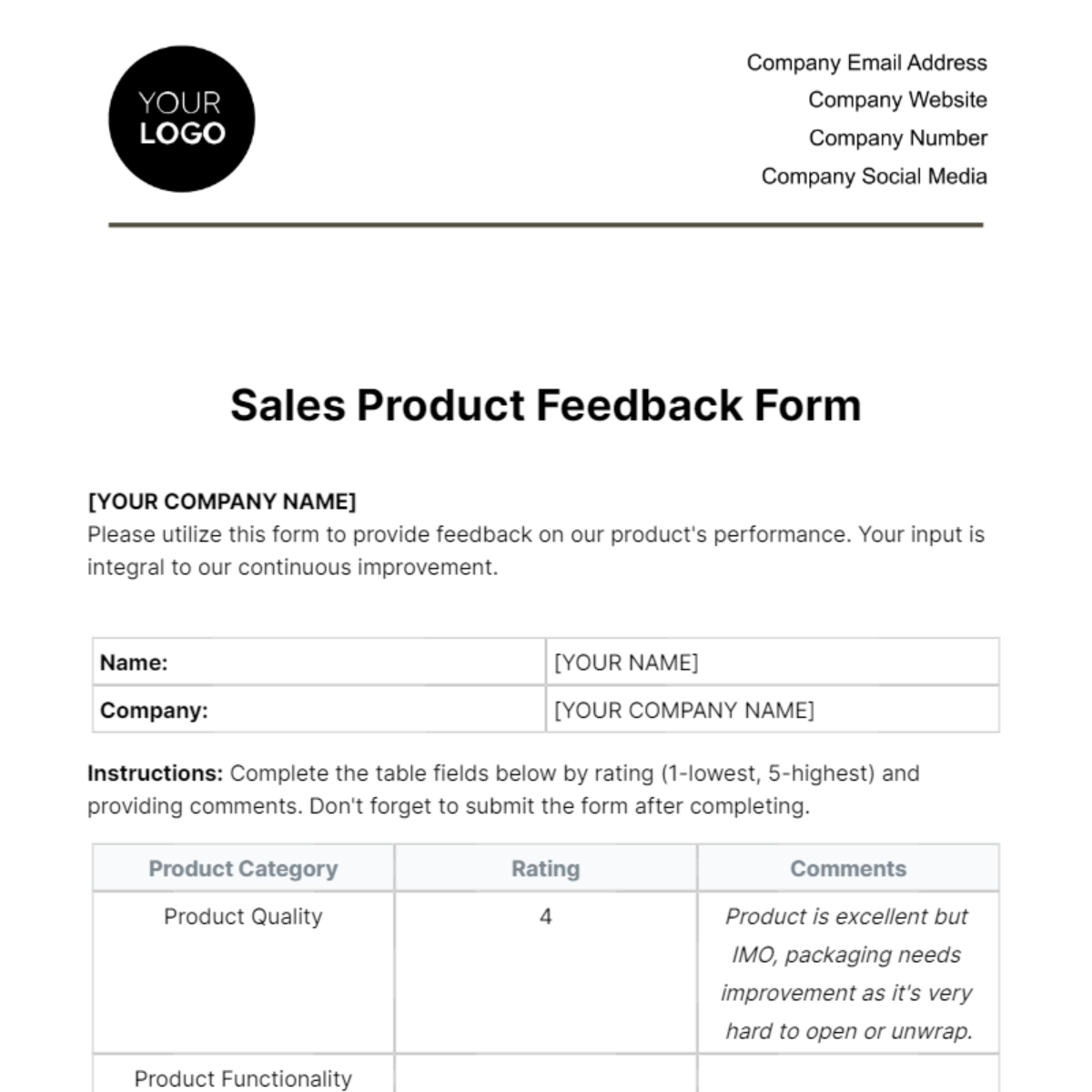 Free Sales Product Feedback Form Template