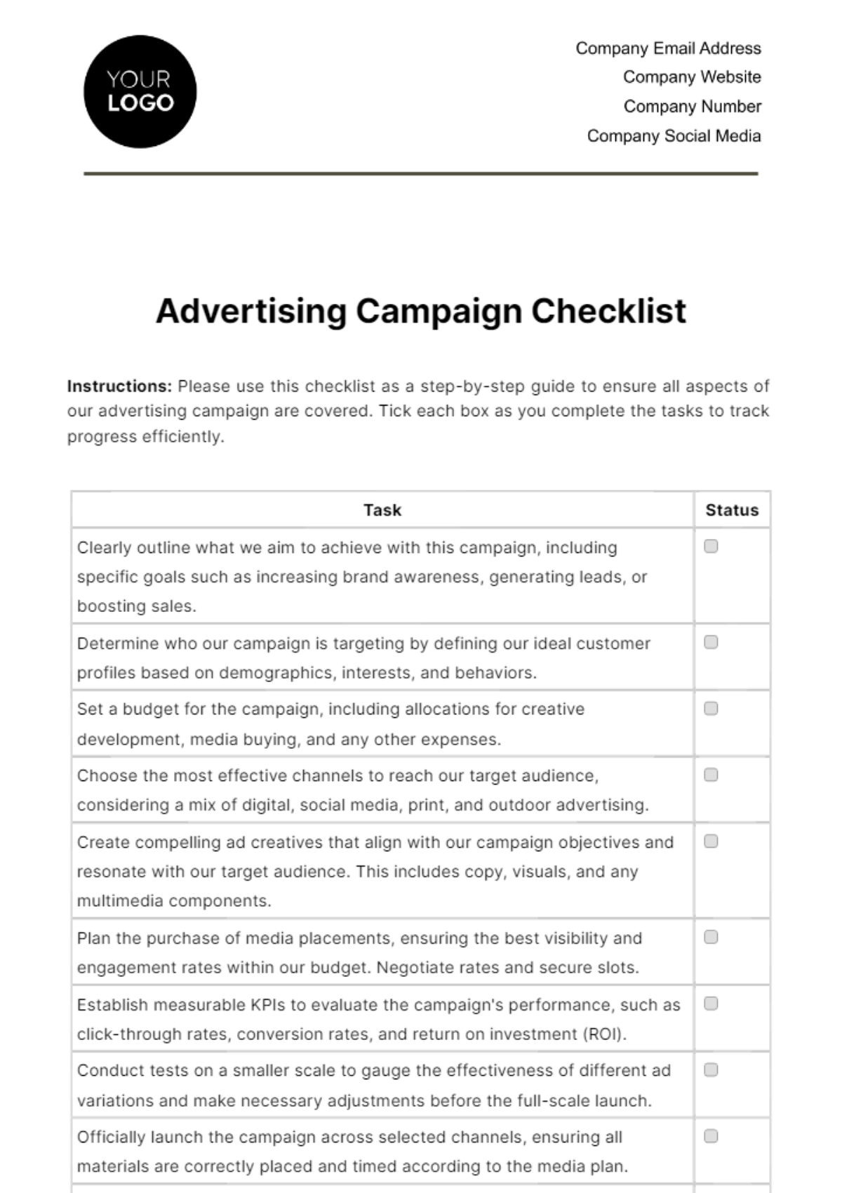 Advertising Campaign Checklist Template