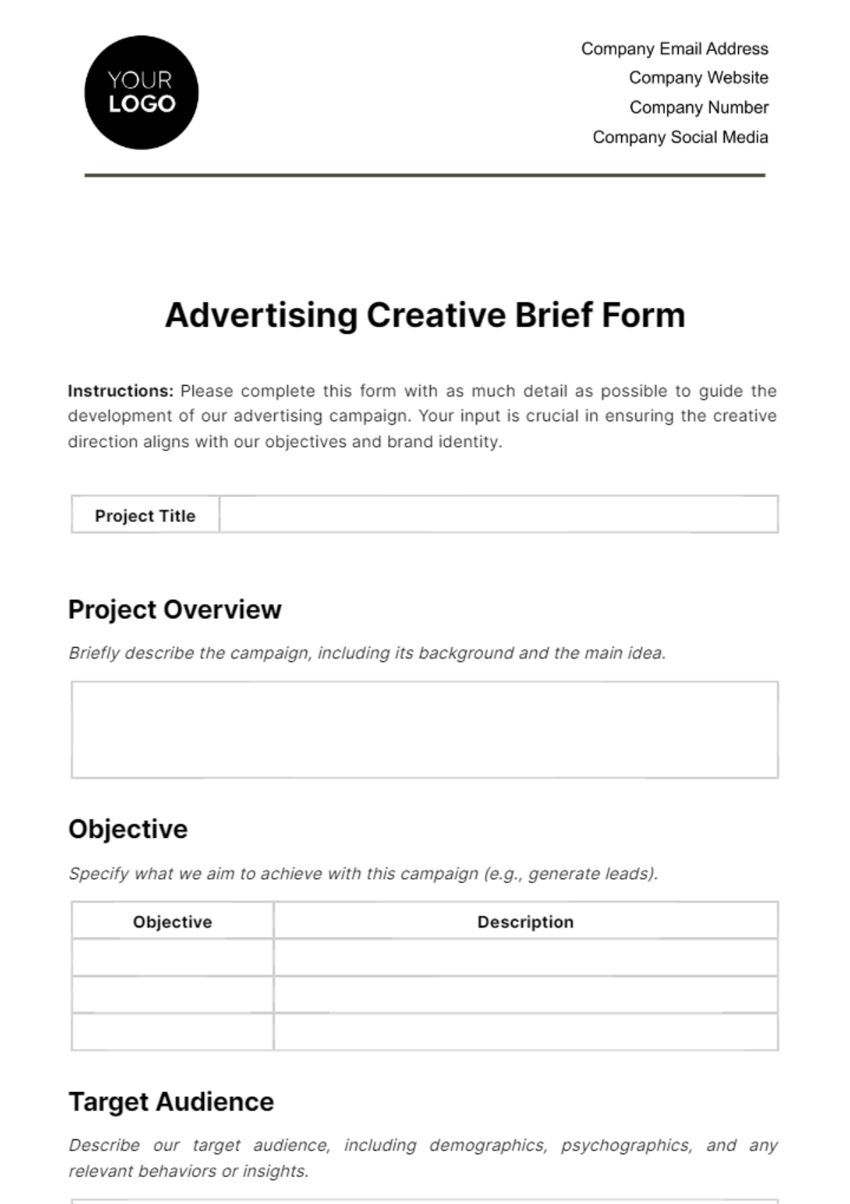 Free Advertising Creative Brief Form Template