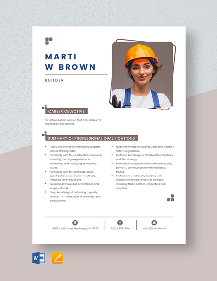 Free Builder Resume Template - Word, Apple Pages