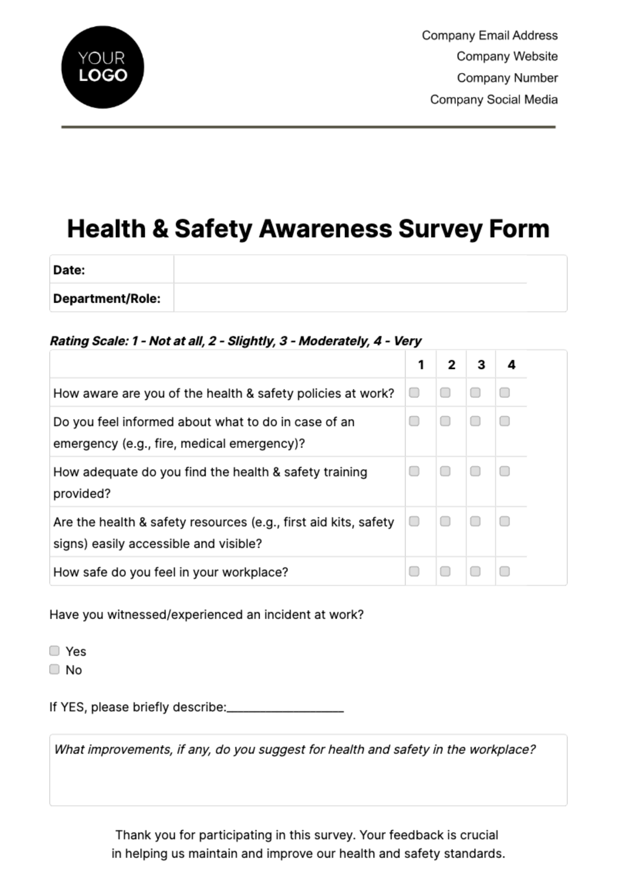 Health & Safety Awareness Survey Form Template