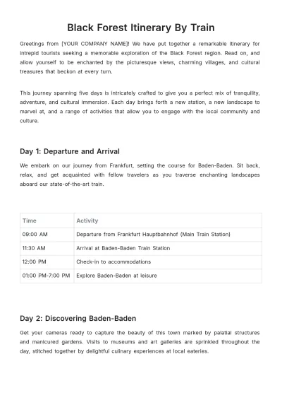 Free Black Forest Itinerary By Train Template to Edit Online