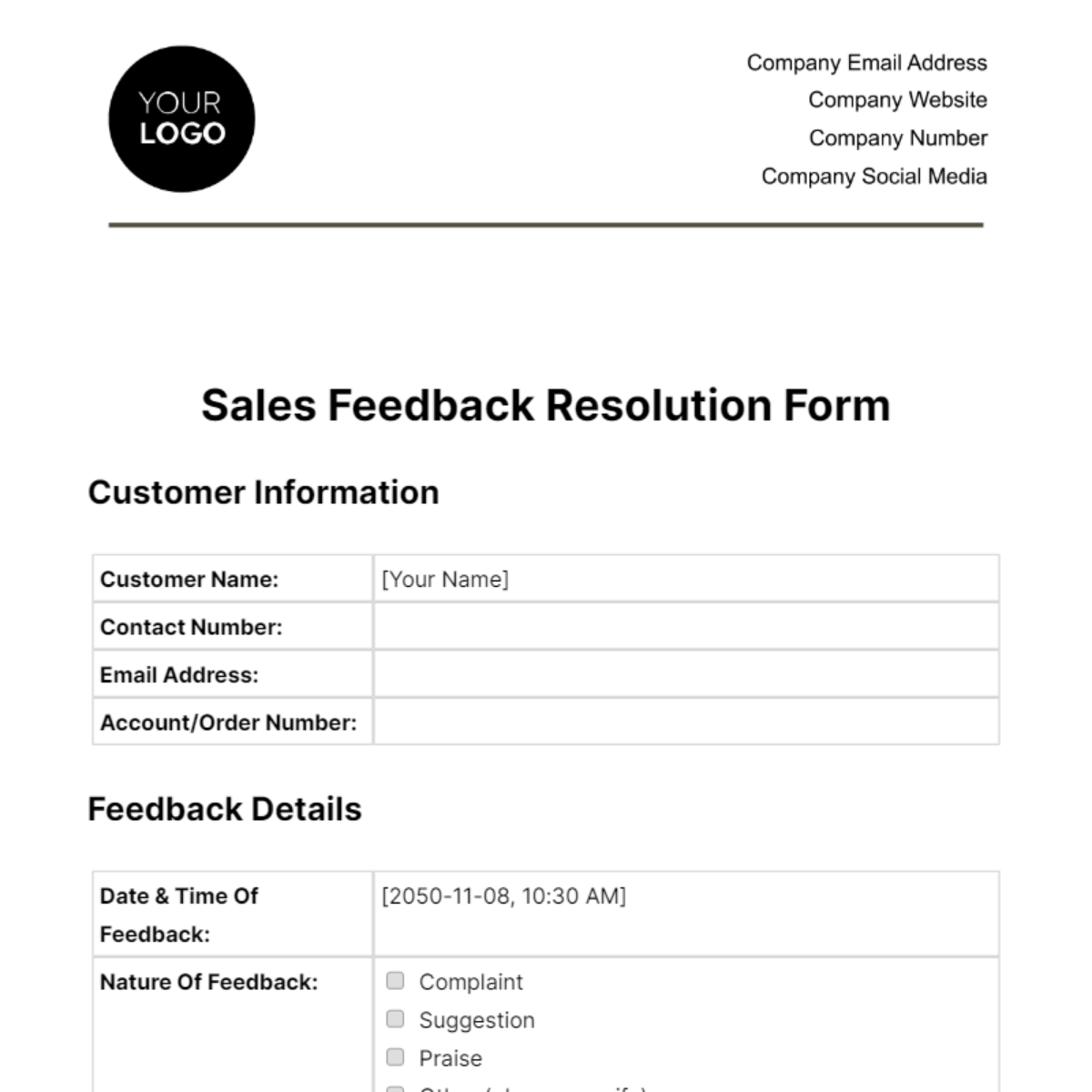 Sales Feedback Resolution Form Template