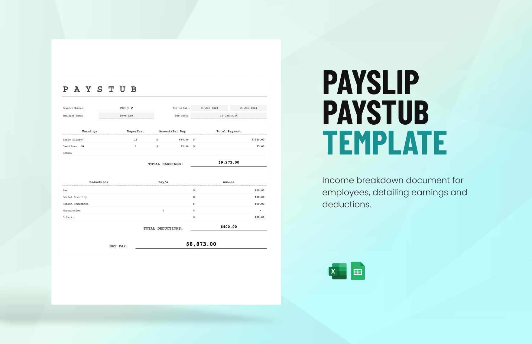 Payslip Paystub Template in Excel, Google Sheets