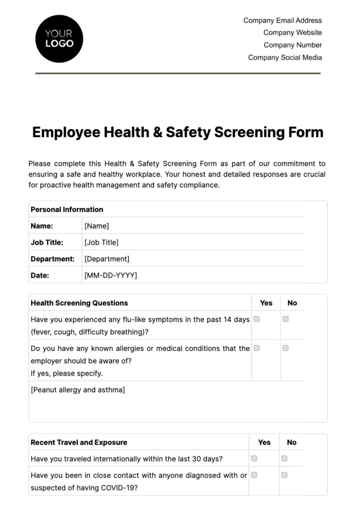 Employee Health & Safety Screening Form Template