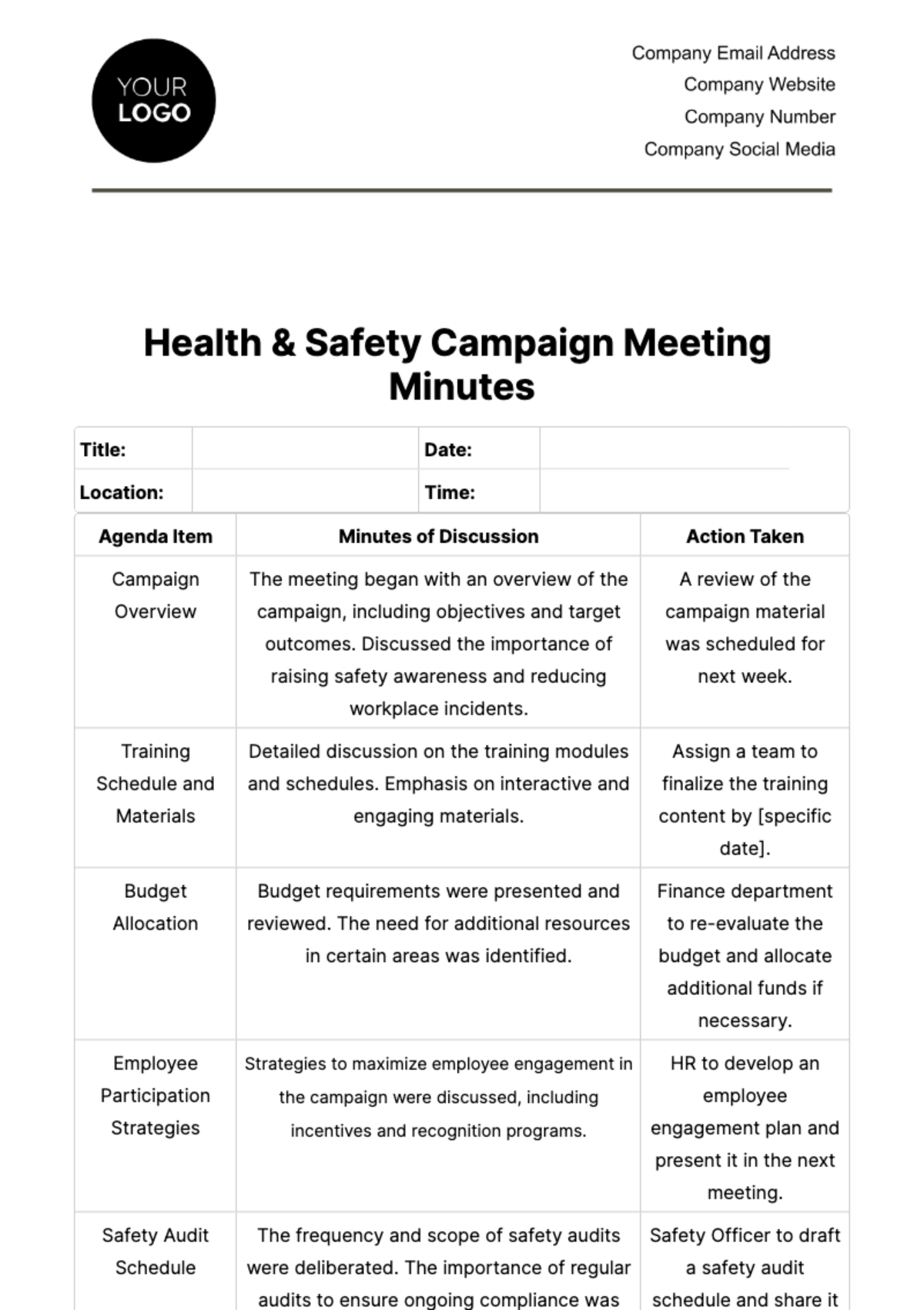 Health & Safety Campaign Meeting Minutes Template