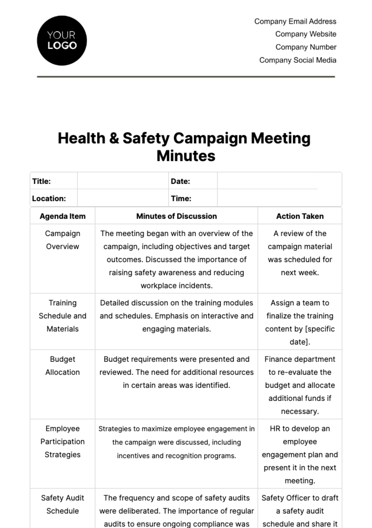 Health & Safety Campaign Meeting Minutes Template - Edit Online & Download