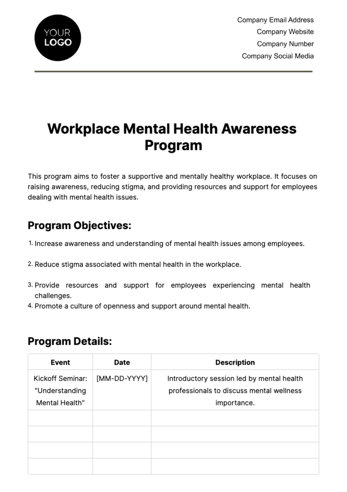 Workplace Mental Health Awareness Program Template