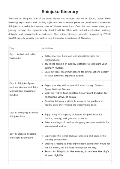 Free Shinjuku Itinerary Template to Edit Online
