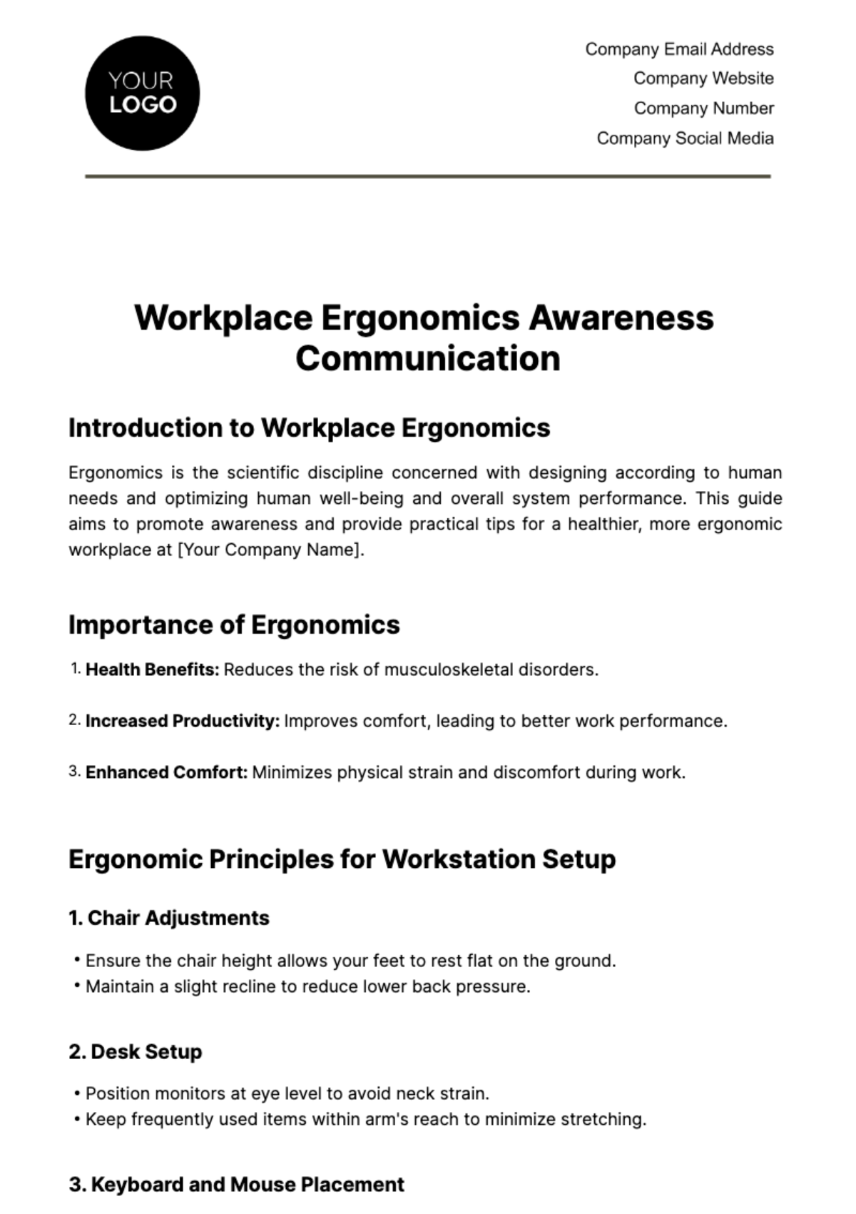 Workplace Ergonomics Awareness Communication Template