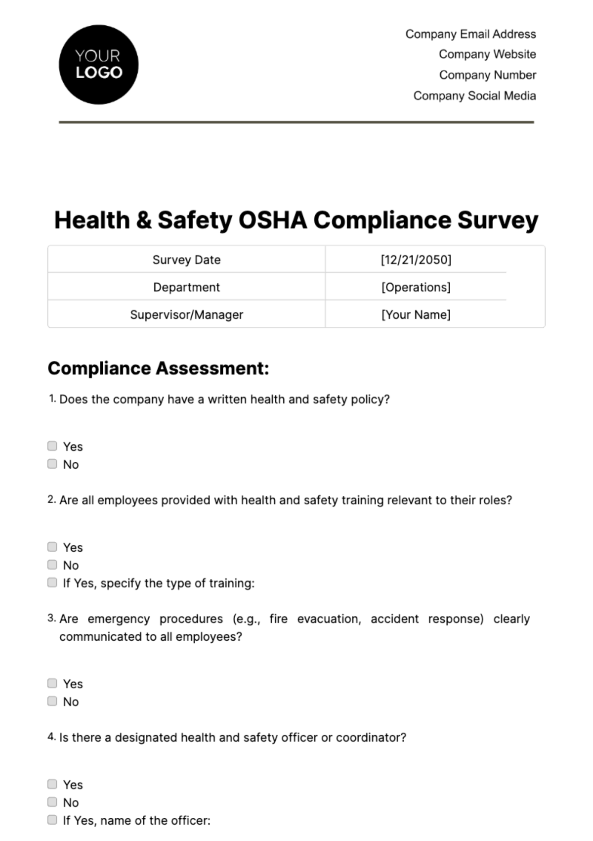 Health & Safety OSHA Compliance Survey Template - Edit Online & Download