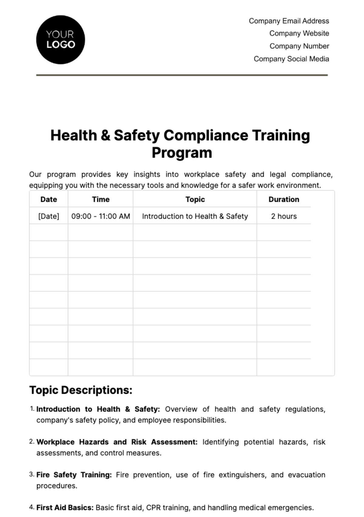 Health & Safety Compliance Training Program Template