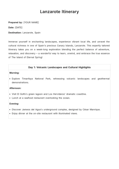 Free Lanzarote Itinerary Template to Edit Online