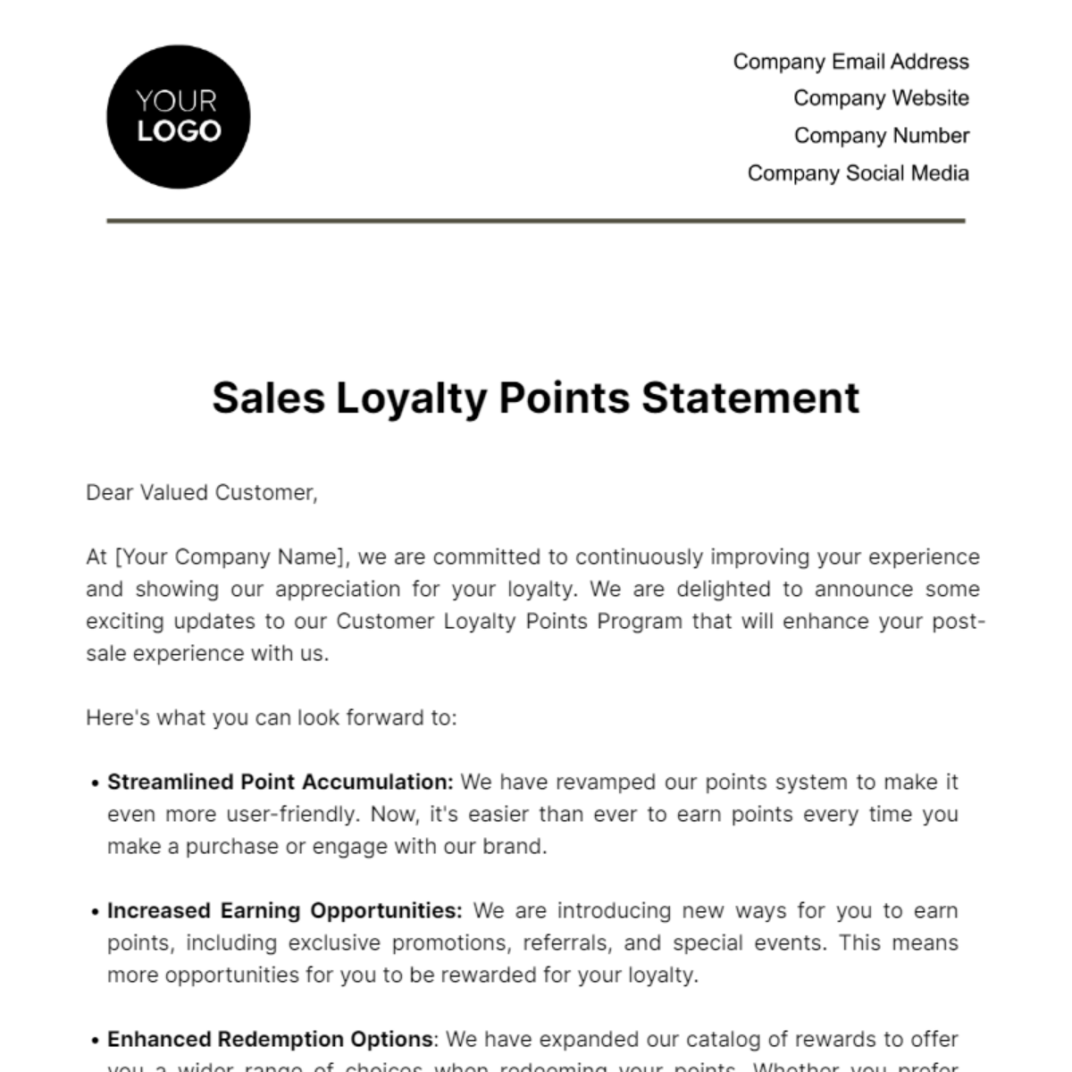 Sales Loyalty Points Statement Template