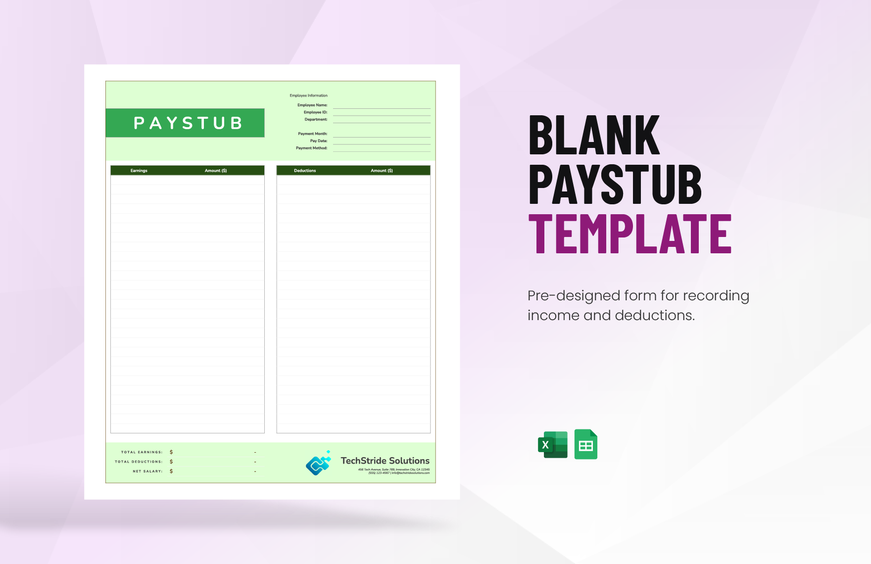 Blank Paystub Template in Excel, Google Sheets