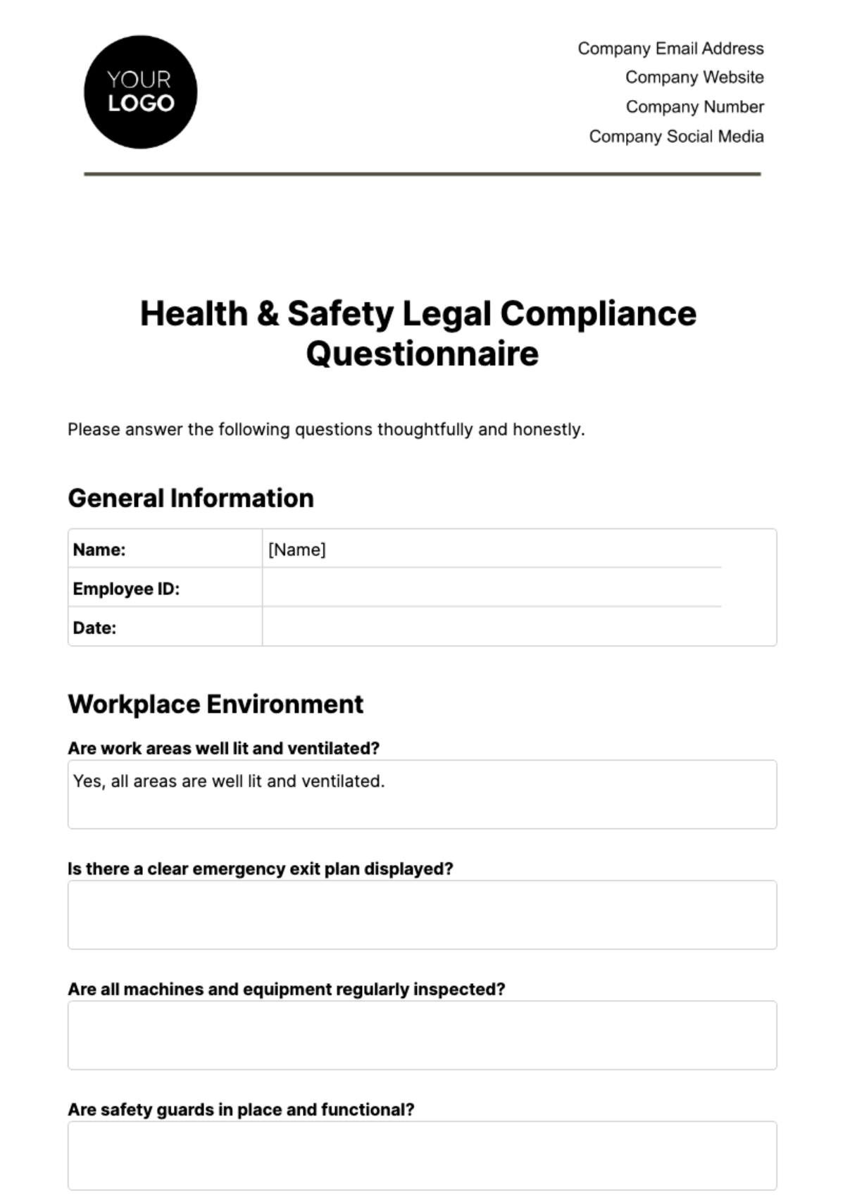 Health & Safety Legal Compliance Questionnaire Template