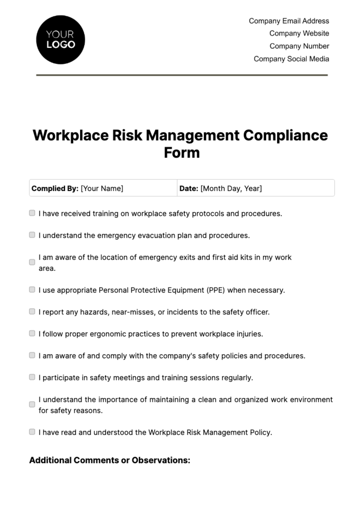 Workplace Risk Management Compliance Form Template