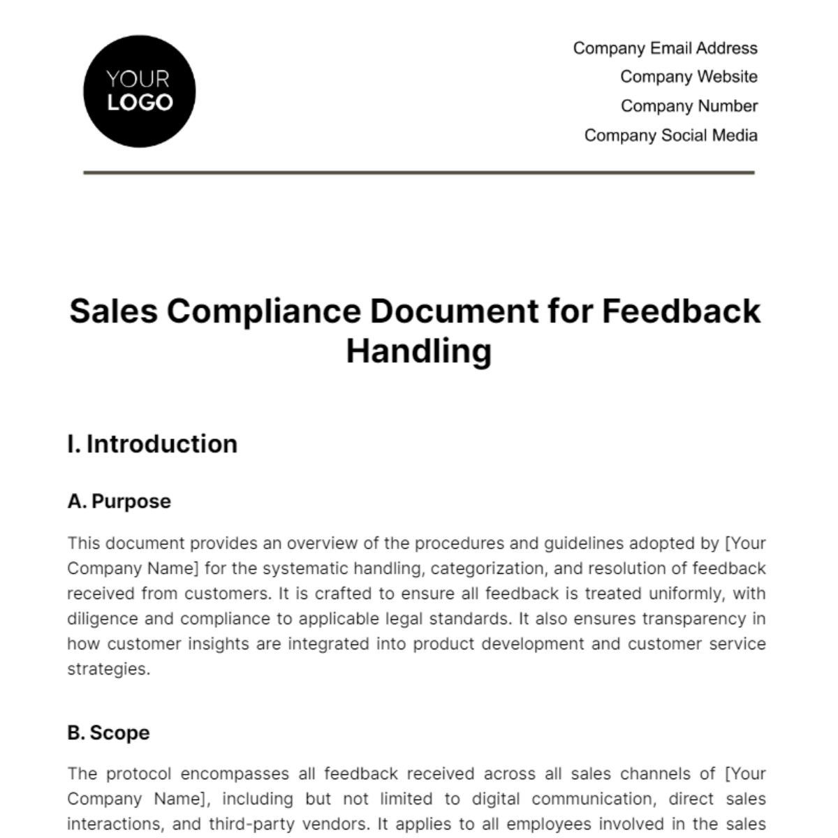 Free Sales Compliance Document for Feedback Handling Template