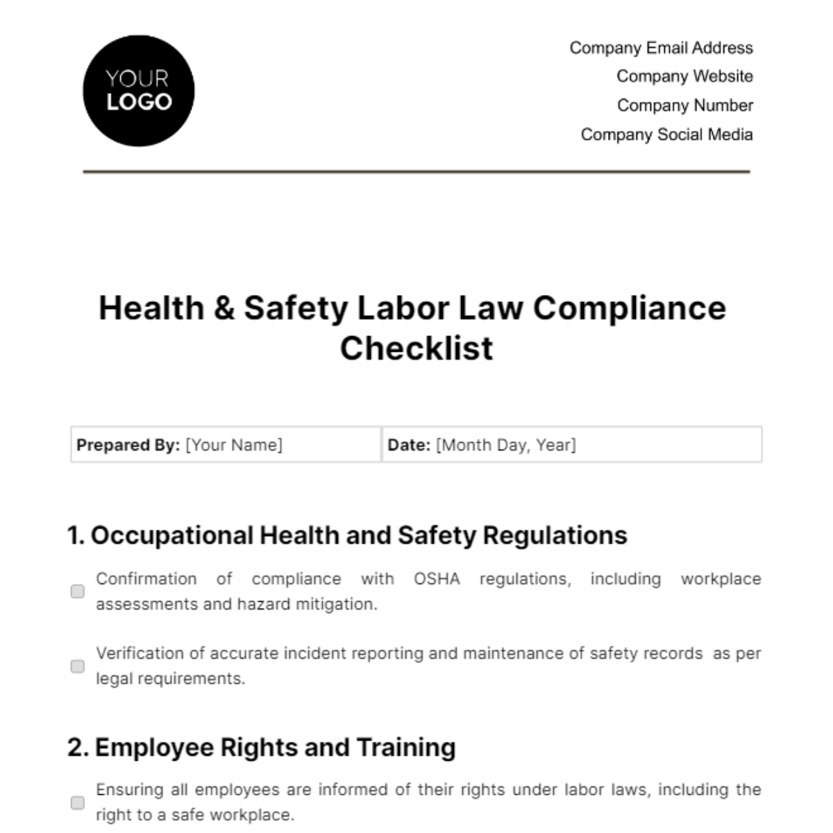 Health And Safety Labor Law Compliance Checklist Template Edit Online And Download Example