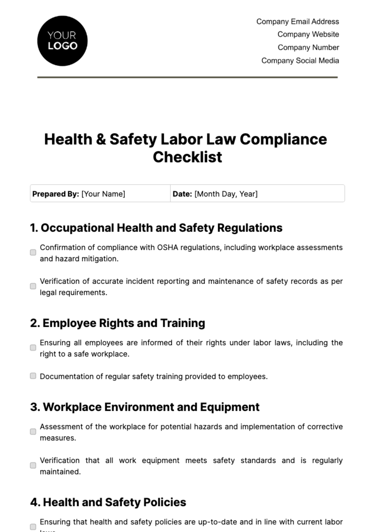 Health & Safety Labor Law Compliance Checklist Template - Edit Online & Download