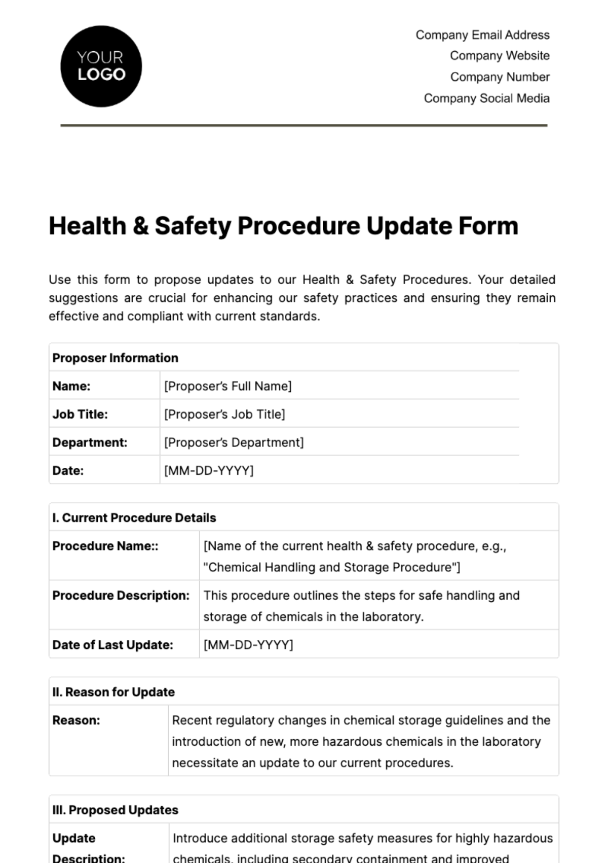 Health & Safety Procedure Update Form Template