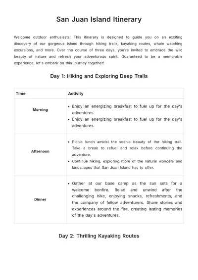 Free San Juan Island Itinerary Template to Edit Online
